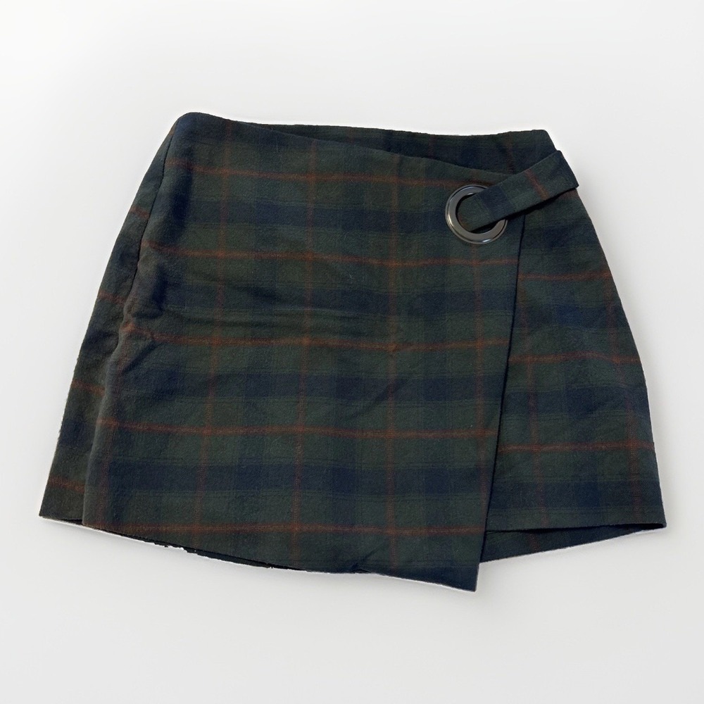 Free People Wrap Mini Skirt Flannel Grommet O-Ring 8 Green Plaid Preppy School